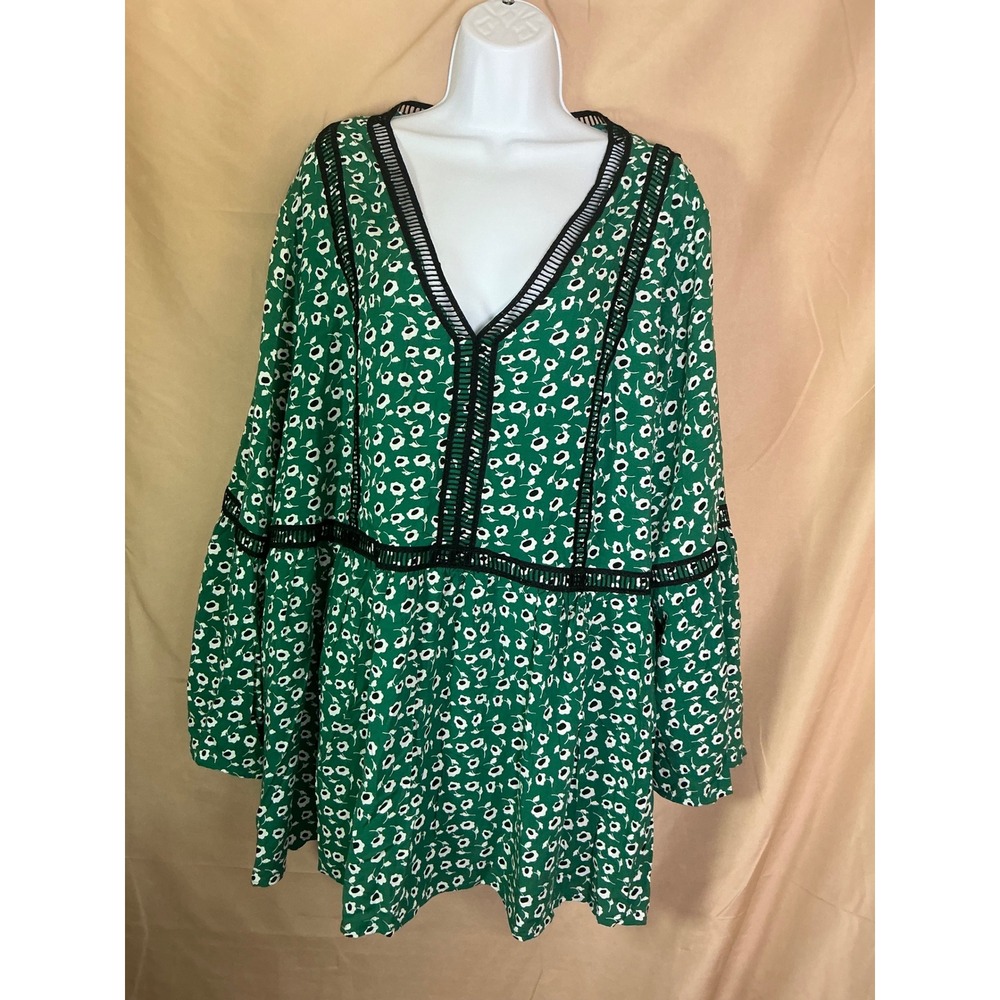 Avenue Floral Blouse Womens 22/24 Green Excellent Crochet Trim Bell Sleeve Boho - Picture 2 of 12